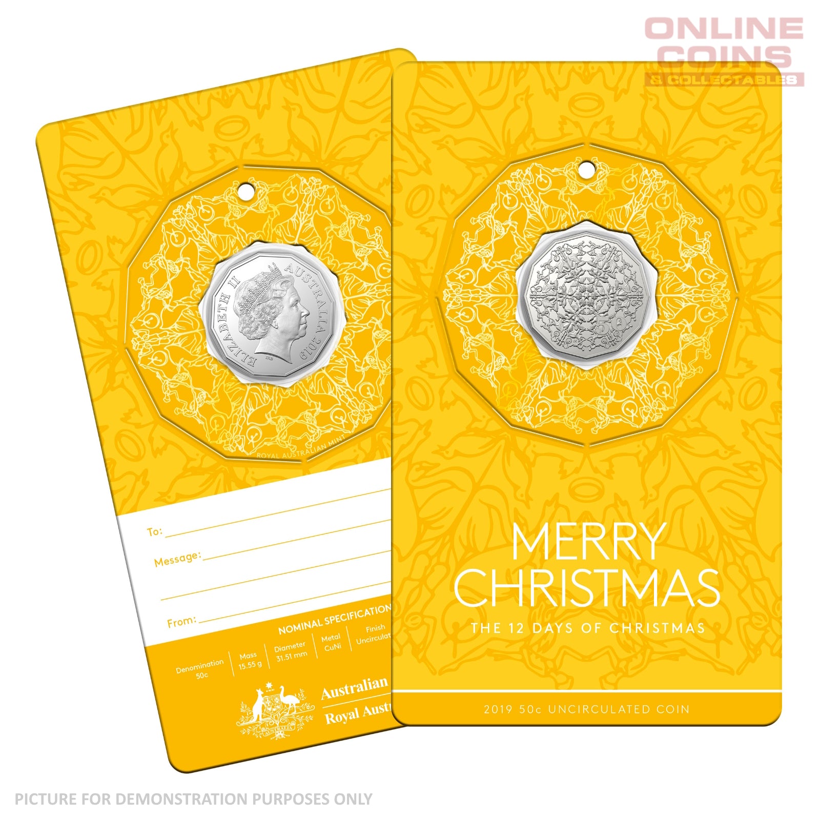 2019 50c CuNi Uncirculated Carded Coin - Christmas Yellow